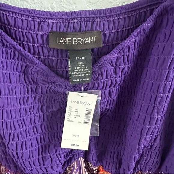 Lane Bryant Smocked Babydoll Top Purple Boho Patchwork | Size 14/16 | NWT - Picture 3 of 12